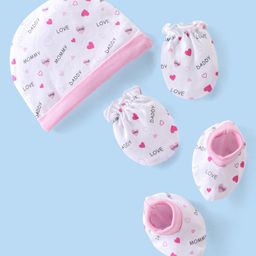 Babyhug 100% Cotton Interlock Knit Cap Mittens & Booties Set with Heart Print - White & Pink-0