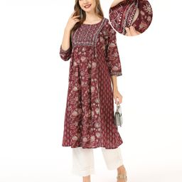 Bella Mama Soft Viscose Three Fourth Sleeve Embroidered Yoke Maternity Kurta with Pocket - Maroon-image-97