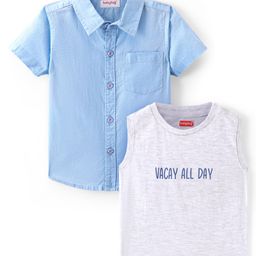 Babyhug Cotton Woven Half Sleeves Solid Shirt with T-Shirt - Blue-image-30