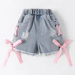 Kookie Kids Mid Thigh Length Washed & Distressed Shorts with Ribbon Detailing - Light Blue-picture-41