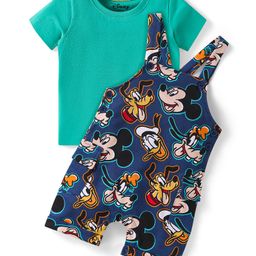 Babyhug Disney Cotton Knit Half Sleeves T-Shirt & Dungaree with Mickey Mouse Graphics - Navy Blue & Green-image-97