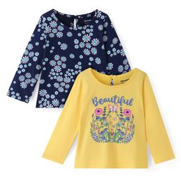Honeyhap Premium  100%  Cotton Jersey Knit Full Sleeves Floral & Text Printed Tops Pack of 2 - Yellow Cream & Navy Peony-image-46