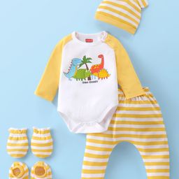 Babyhug 100% Cotton Knit Raglan Full Sleeves  Striped & Dino Printed Onesie with Legging Cap & Mittens Booties Set - Yellow-image-74