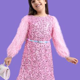 Hola Bonita Party Wear Full Fur Sleeves With Sequined Detailing Dress -Pink-picture-21