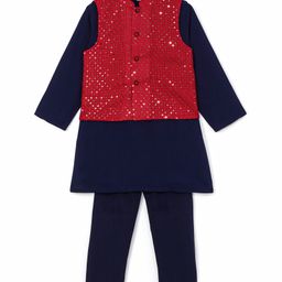 Babyhug Woven Full Sleeves Solid Colour Kurta Pyjama Set with Sequined Embroidered Nehru Jacket - Navy Blue-picture-0