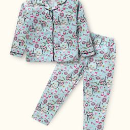Doreme Cotton Knit Full Sleeves Night Suit With Floral Paris Print - Turquoise-picture-43
