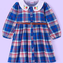 Babyhug Cotton Woven Full Sleeves Peter Pan Collared Checkered Frock With Floral Embroidery & Belt - Blue-picture-46