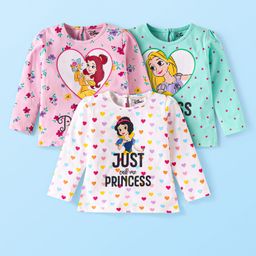 Babyhug Disney Single Jersey Knit Full Sleeves Tops with Disney Princes Graphics Pack of 3 - Pink Light Green & White-image-41