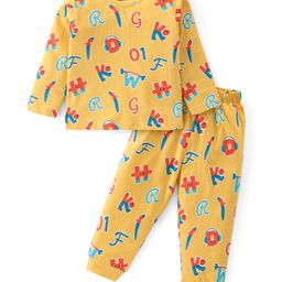 Babyhug Cotton Knit Full Sleeves Night Suit With Alphabets Print - Mustard-image-70
