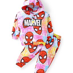 Babyhug Marvel Terry Knit Full Sleeves Hooded Sweatjacket & Joggers Set with Spiderman Graphics - Red Pink & Blue-image-37