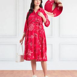 Bella Mama Woven Three Fourth Sleeves Collar Neck Maternity Dress with Floral Print - Dark Pink-picture-21