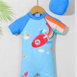 Babyhug Half Sleeves Legged Swimsuit with Cap Rocket Print - Light Blue-picture-14