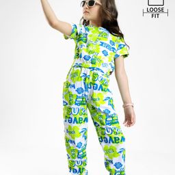 Ollington St. 100% Cotton Printed Co-Ord Set Of Half Sleeves Top & Joggers - White Green & Blue-image-84
