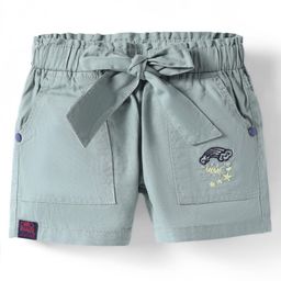 Olio Kids Cotton Knit Above Knee Length Shorts With Rainbow Embroidery & Bow Applique - Olive Green-picture-25
