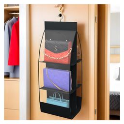 Kuber Industries Hanging Organizer | 6 Pocket Storage Hanger | Handbag Organizer | Hanging Purse for Wardrobe | Transparent Clutch Organizer | Handbag Storage For Closet | Black-18