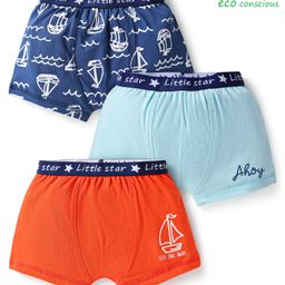 Babyoye Cotton Elastine Knit Trunks With Boat Print Pack Of 3 - Blue Light Blue Red-image-68