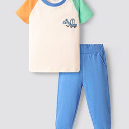 Bonfino 100% Cotton Knit Half Raglan Sleeves Color Block Nightsuit with Vehicle Print - Blue & White-picture-21