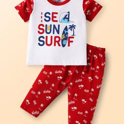 Doodle Poodle 100% Cotton Knit Half Sleeves Night Suit With Beach Theme Print - Red-image-78