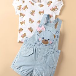 ToffyHouse Knit Dungaree & Half Sleeves T-Shirt With Teddy Bear Print & Patch - Light Blue & White-image-23