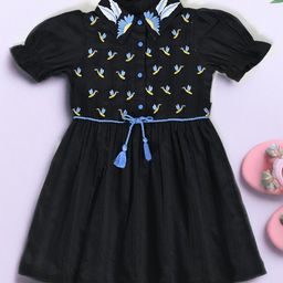 Bella Moda Cotton Half Puffed Sleeves Honey Bee Embroidered Dress - Black-image-77