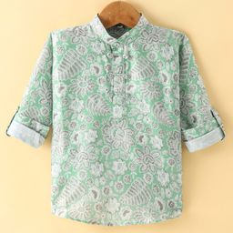 Dapper Dudes Full Sleeves Floral Printed Kurta Style Shirt - Green-image-32