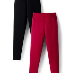 Pine Kids Cotton Knit Full Length Solid Colour Leggings Pack Of 2 - Maroon & Black-picture-6