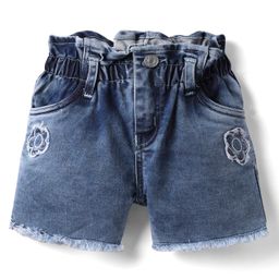 Olio Kids Denim Knit Above Knee Length Solid Colour Shorts With Floral Embriodery - Light Blue-image-24