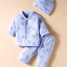 i bears IBears Knitted Full Sleeves Co-ords Night Suit With Vehicle Print & Cap - Light Blue-picture-23