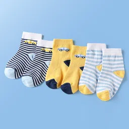 Doodle Poodle Cotton Knit Ankle Length Socks With Stripes & Car Design Pack of 3 - White Yellow & Blue-picture-34