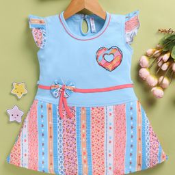TOONYPORT Cotton Knit Cap Sleeves Hearts Printed Bow Applique Detailed Dress - Blue-picture-37