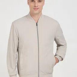 GUESS Men Stand Collar Solid Casual Bomber Jacket-image-1