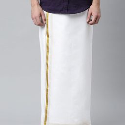 WHITE HEART Men Solid Pure Cotton Dhoti With Gold Zari Border-14