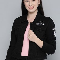 HERE&NOW Women Black Washed Crop Trucker Denim Jacket-image-10
