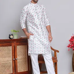 Jompers Floral Printed Mandarin Collar Silk Cotton Straight Kurta with Pyjamas-image-94
