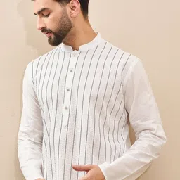 House of Pataudi Long Sleeves Mandarin Collar Knee Length Cotton Kurtas-10