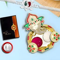 Rakhi Combo for Brother with Dish, Pooja Coin, Roli Chawal & Greeting Card-5