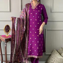 SWEETPEL Women Floral Embroidered V Neck Thread Work Kurta with Trousers & Dupatta-picture-29