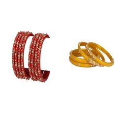 1ST TIME Combo of 2 Gold & Red Stones Studded Bangles Set-picture-25
