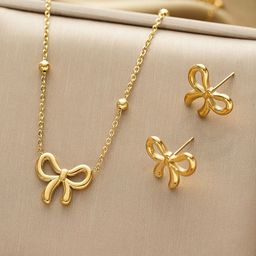 Jewels Galaxy Stainless Steel Gold-Plated Bow Shaped Necklace And Earrings-picture-11
