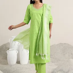 Libas Ethnic Motifs Printed V-Neck Thread Work Straight Kurta With Trousers & Dupatta-44