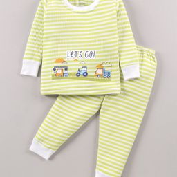 Bodycare Anti Bacterial Thermal Full Sleeves Stripe Tee & Lounge Pant Car Print - Light Green-image-68