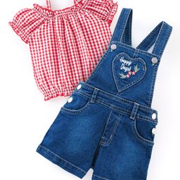 Babyhug 100% Cotton Denim Woven Dungaree with Floral Embroidered  and Half Sleeves Checked Top- Blue-image-58