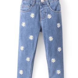 Babyhug Denim Full Length Washed Jeans With Stretch & Floral Embroidery -  Blue-image-16