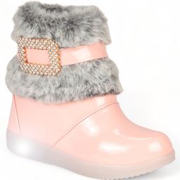 Lil Lollipop Stone Detailed Fur Embellished Zipper Party Boots With Light & Glossy Finish  - Pink-image-93