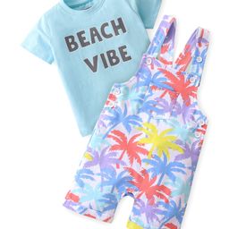 Babyhug 100% Cotton Knit Dungaree with Half Sleeves Inner T-Shirt  Palm Tree Print - Multicolor-image-29
