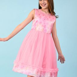Pine Kids Woven Sleeveless Party Frock with Floral Print & Frill Design - Peach-image-24