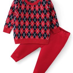 Babyhug Knit Full Sleeves Pullover Sweater & Pant Set Diamond Design - Red-image-80