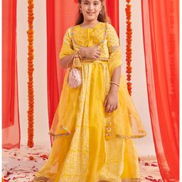 Pspeaches Silk Blend Half Sleeves Floral  Printed  Lehenga Choli With Dupatta - Yellow-image-73