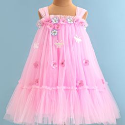 Bluebell Net Sleeveless Frock with Floral Applique - Pink-image-7