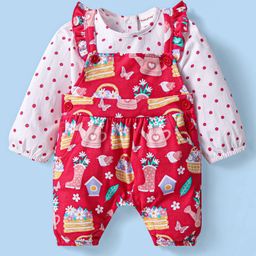 Babyhug Single Jersey Knit Full Sleeves Polka Dots Printed T-Shirt & Dungaree Set with Floral Print - Red & White-image-57